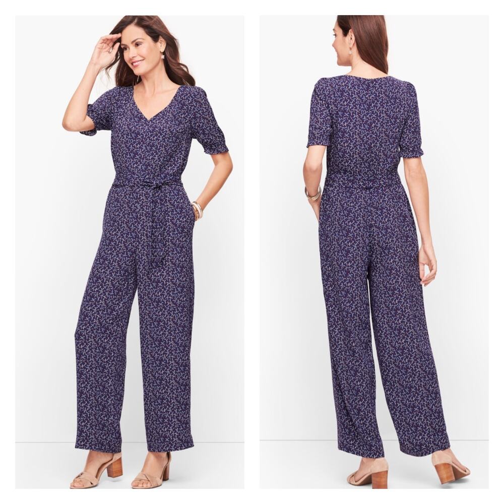 NEW Talbots V-Neck Jumpsuit Floral Size 10 Short Sleeve Blue Print